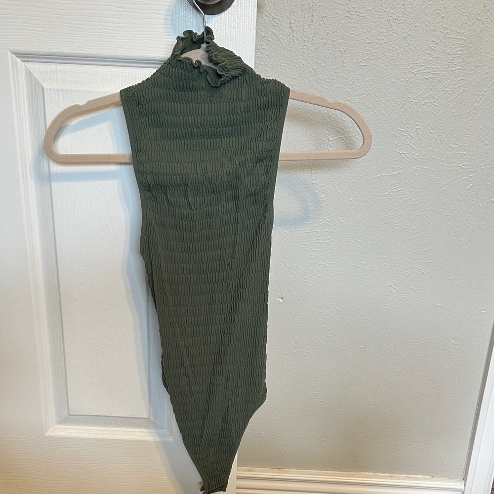 Free People Olive Green Smocked Halter Bodysuit